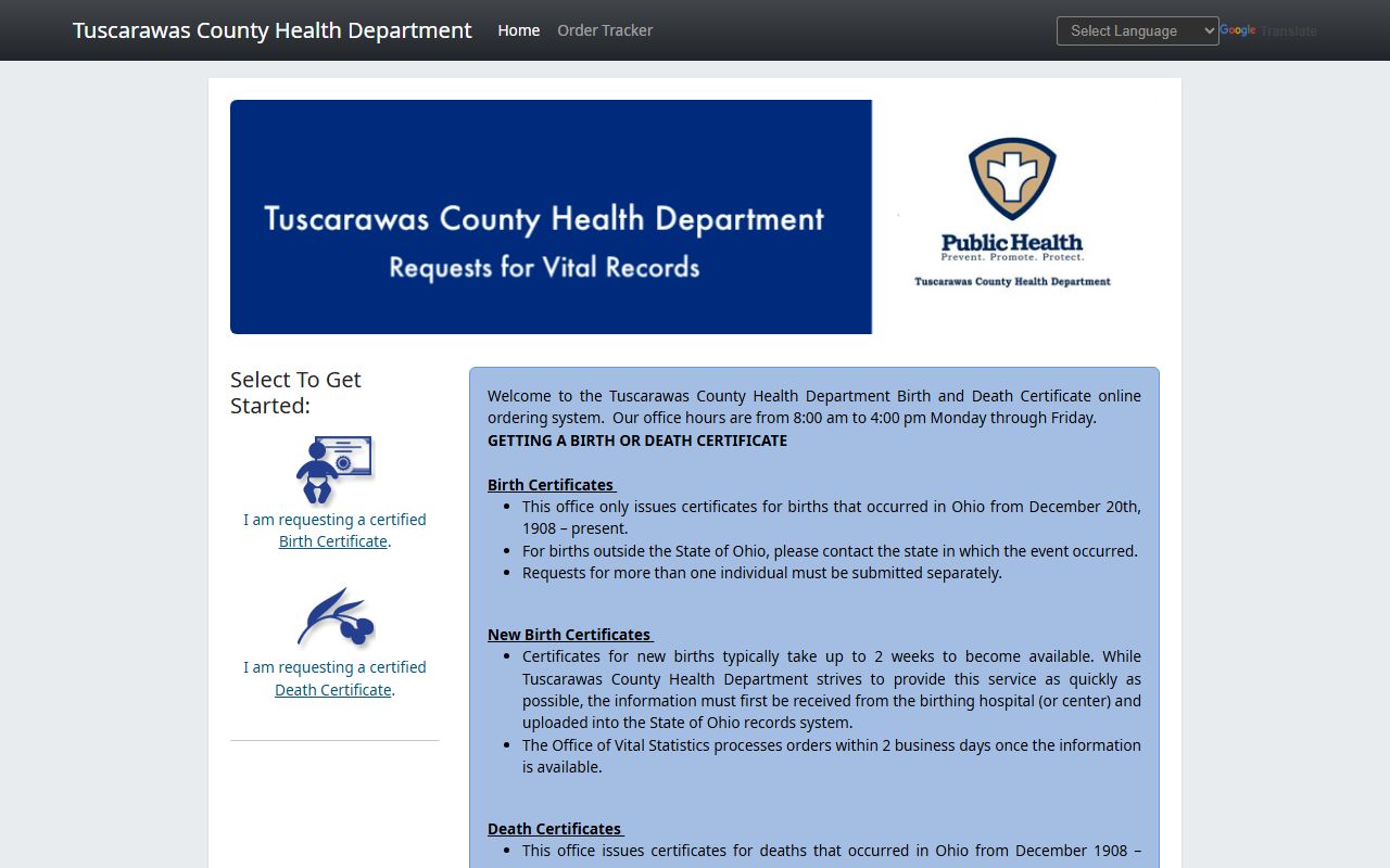 Tuscarawas County online ordering portal for death certificates
