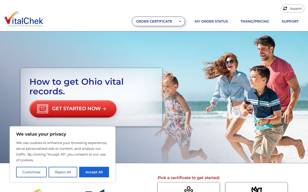 VitalChek portal for ordering Van Wert County death certificates