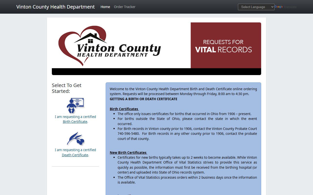 Vinton County online ordering portal for death certificates